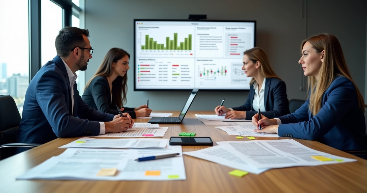 Equipe analisando contrato de serviços com gráficos de auditoria em tela grande