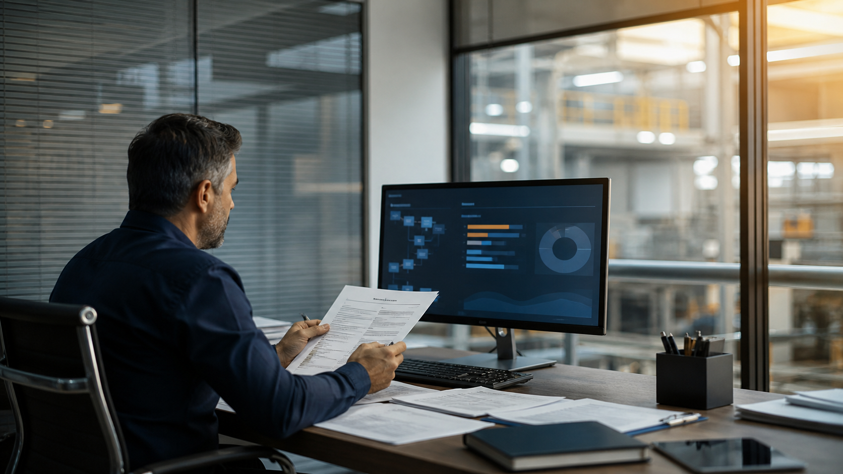 Sua empresa sabe quantos contratos estão com boletins de medição vencidos agora? Profissional analisando boletins de medição e indicadores de gestão de contratos de serviços