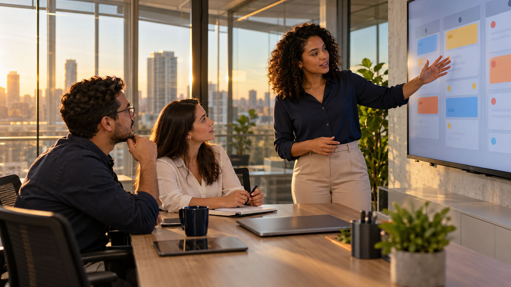 Equipe discutindo um fluxo de trabalho em um painel digital.