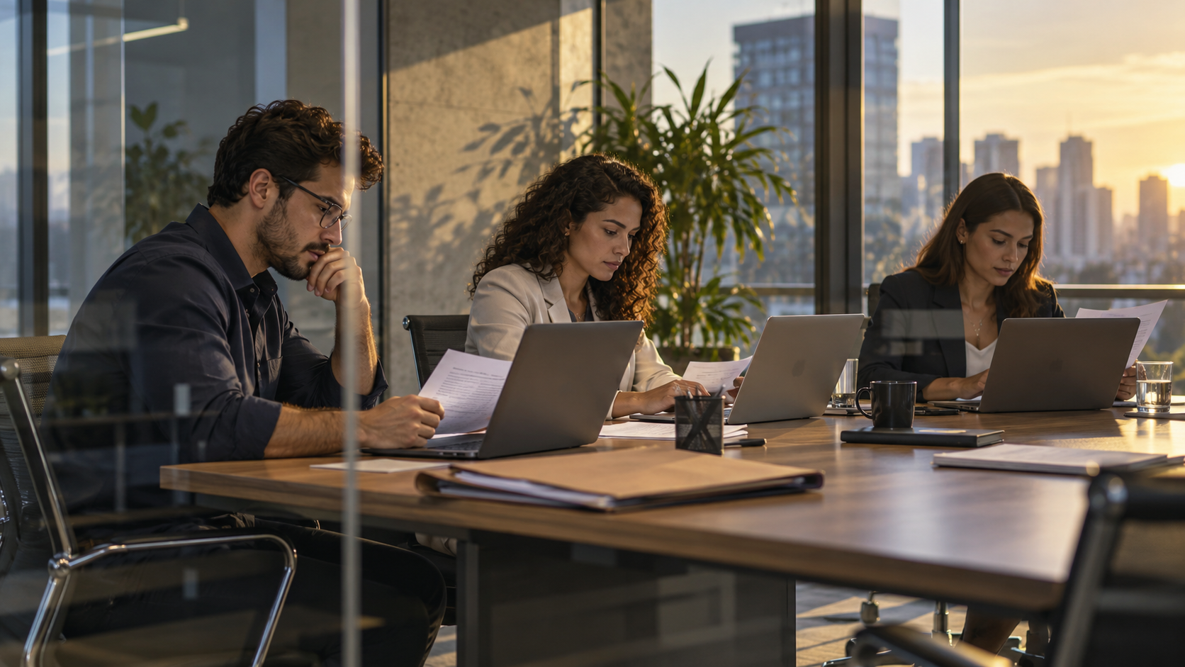 Profissionais concentrados em laptops e documentos durante uma reunião, sem interação entre si.
